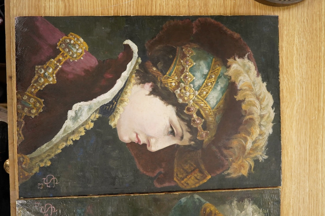 A pair of Victorian Minton tiles painted with female portraits in profile, monogrammed SG and dated ‘82, 46 x 30cm